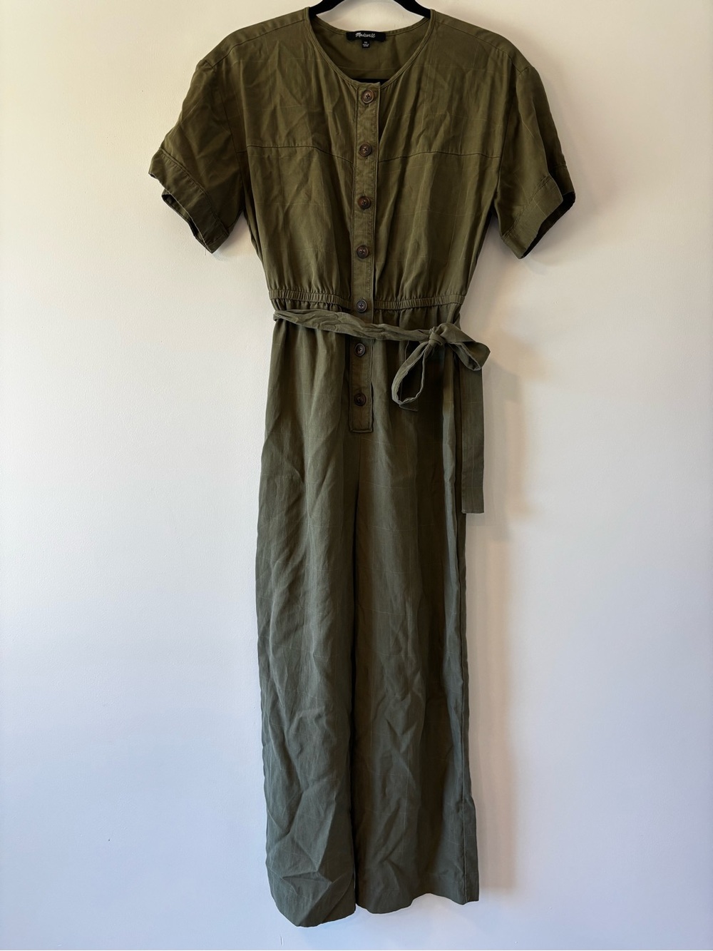 Madewell Olive Green Button-Front Jumpsuit with Tie Waist
